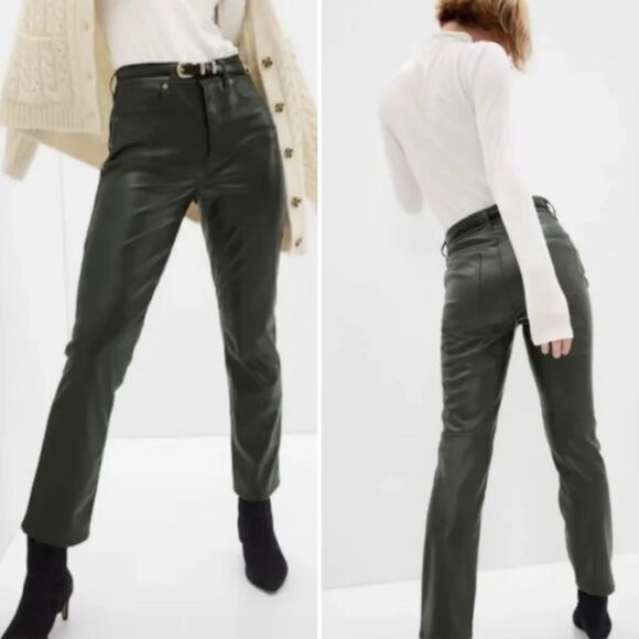 Women's Gap Faux Leather Vintage Slim High Waist Green Pants Size 26 - Picture 1 of 12